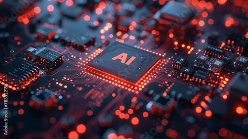 (AI) Artificial intelligence chip on a circuit board. Replacement of computer chips with AI chips. AI chip on a circuit motherboard.