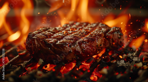 Grilled steak on stainless grill depot with flames on dark background. Food and cuisine concept. Ai generated illustrations.