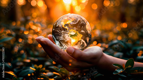 A person holding a glass globe reflecting the Earth amidst a lush forest, symbolizing environmental care and global responsibility.