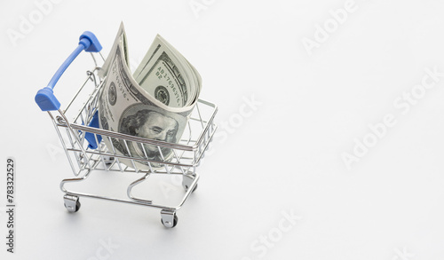 Shopping cart with dollar banknotes isolated on gray background. Wealth, saving, income concept. Copy space
