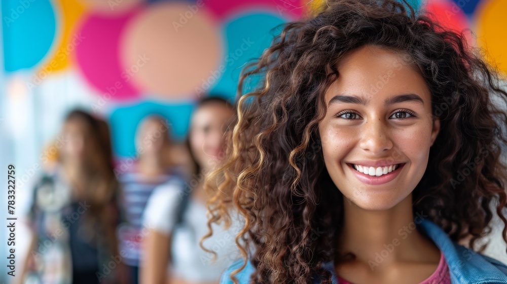 A woman with curly hair smiling in front of a group, AI