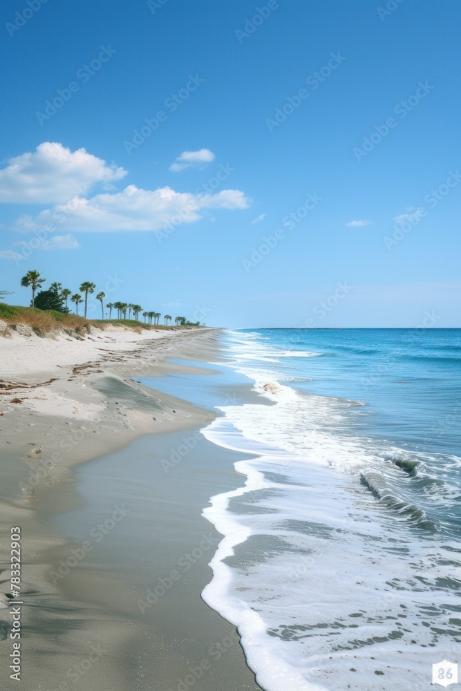 A serene beach with palm trees in the distance and a clear blue sky.