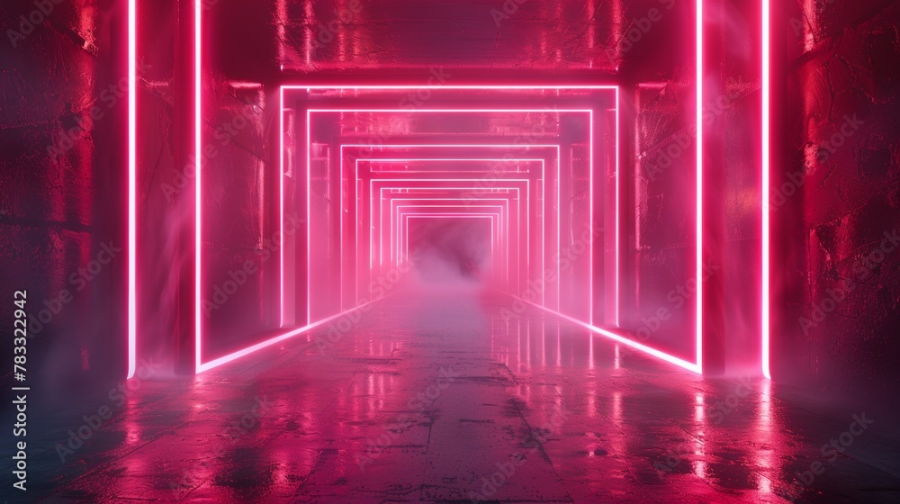A long hallway with neon lights and a foggy background, AI A long hallway with neon lights and a foggy background, AI