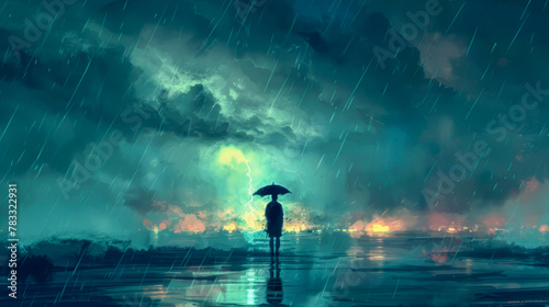 Solitary Figure Walking Alone in Heavy Rain photo