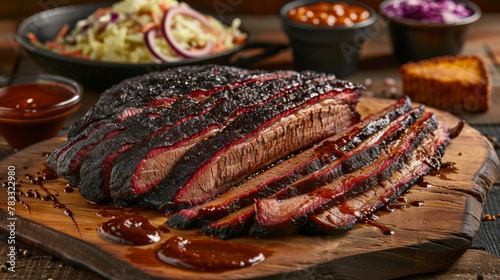 Delectable smoked beef brisket with bbq sauce, served with sides on a wooden table photo