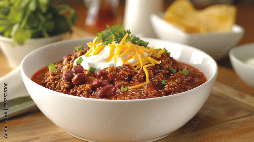 Classic chili with a generous sprinkle of cheese and a dollop of sour cream Classic chili with a generous sprinkle of cheese and a dollop of sour cream