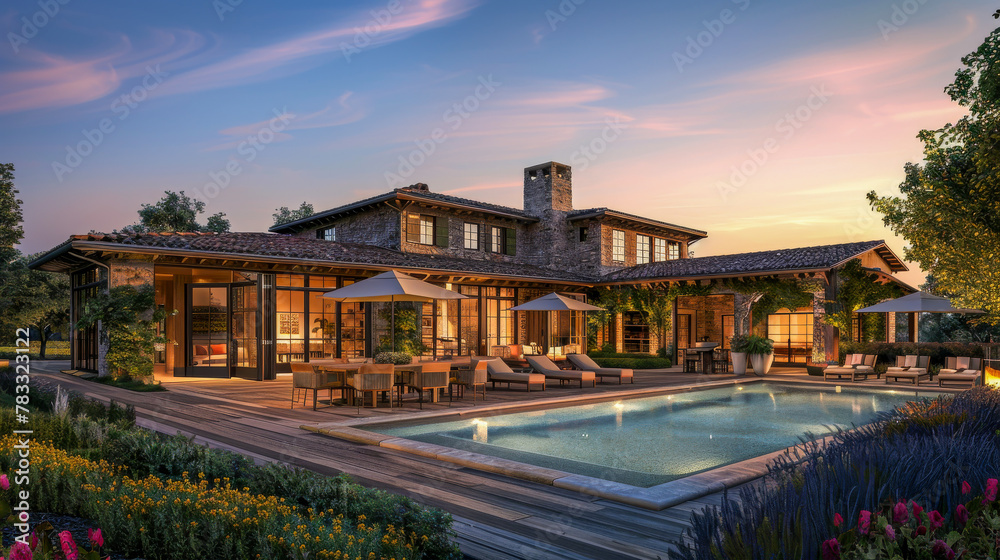Luxurious Estate with Pool at Twilight, Elegant Outdoor Living