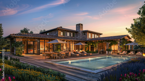Luxurious Estate with Pool at Twilight, Elegant Outdoor Living © Napat