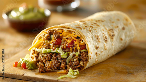 Appetizing beef burrito with cheese, lettuce, and tomato on a wooden surface, with salsa
