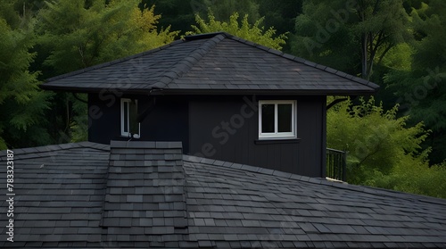 Roof shingles with garret house on top of the house among a lot of trees. dark asphalt tiles on the roof background .Generative AI photo