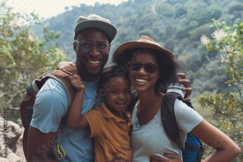 Afro-Caribbean family holiday, hiking mountains in the background: multicultural tourism, diversity and inclusion campaigns, © David