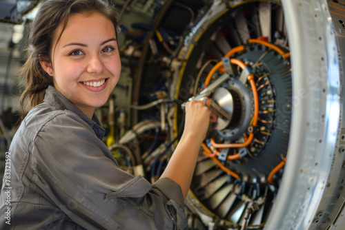 Smiling Hispanic, women plane engineer, fixing large, jet engine plane engineer, fixing large, jet engine: Diversity, Aviation industry, female professional