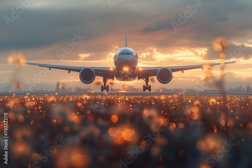 Passenger planes taking off from the airfield runway, civil aviation