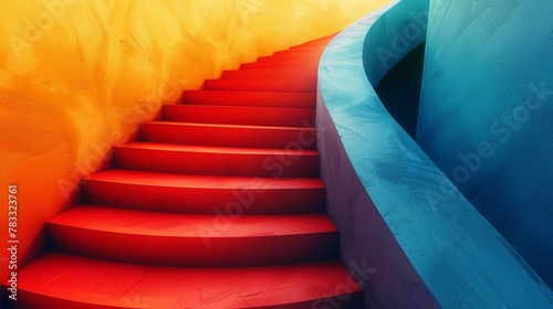 A red stairway leading up to a colorful wall with blue and yellow, AI photo
