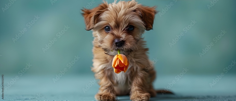 Charming Puppy Holding a Tulip - Whimsy Meets Minimalism. Concept Pet Photography, Floral Props, Cute Animal Portraits, Minimalist Styling, Whimsical Themes
