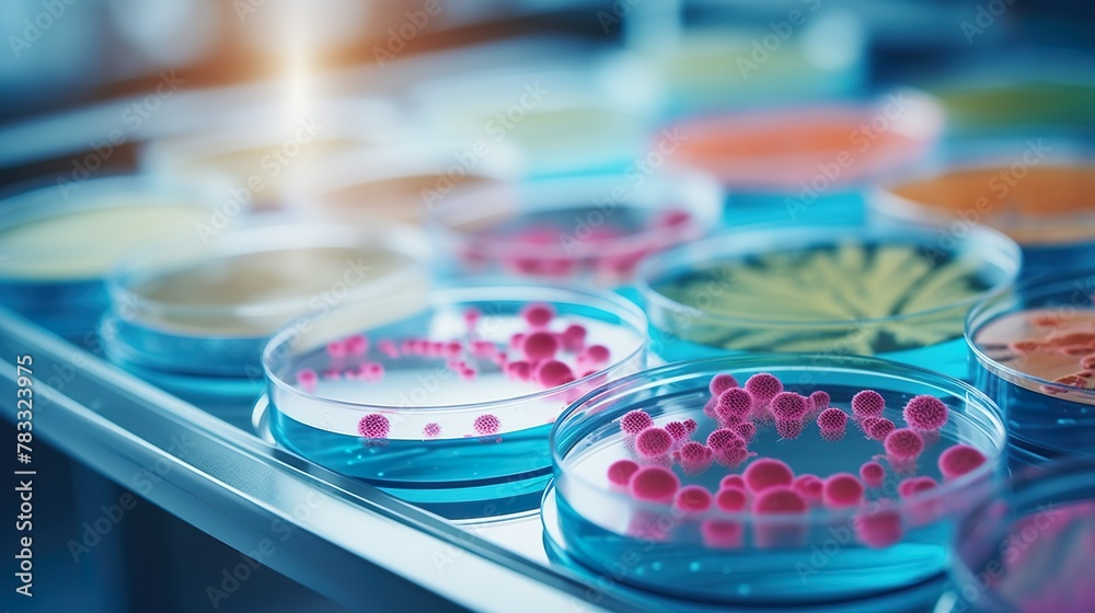 Scientific imagery of an array of petri dishes with light pink bacterial cultures, reflecting precision in laboratory research Scientific imagery of an array of petri dishes with light pink bacterial cultures, reflecting precision in laboratory research