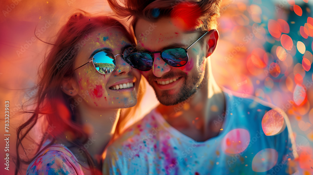 Cheerful couple in love at the festival of colors Holi