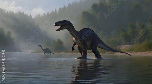 Mamenchisaurus Dinosaur Foggy Day L Mamenchisaurus .Generative AI photo