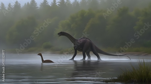 Mamenchisaurus Dinosaur Foggy Day L Mamenchisaurus .Generative AI © ourhome