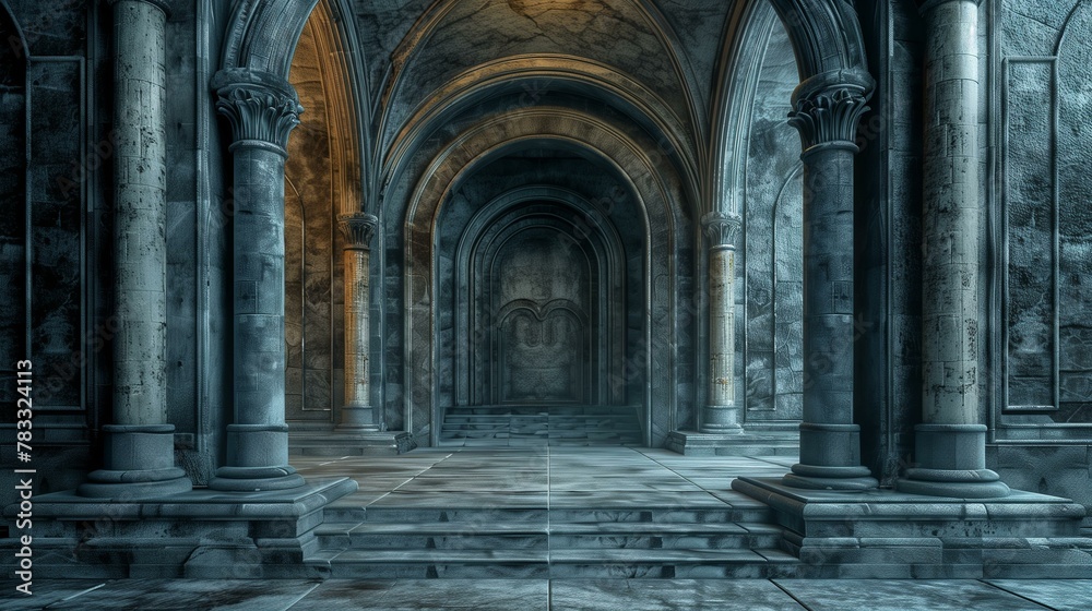 Portals architectual, dark and gloomy hallway, ancient corridor colonnade monument abbey - obrazy, fototapety, plakaty 