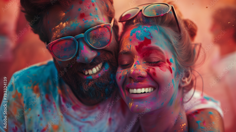 Cheerful couple in love at the festival of colors Holi Cheerful couple in love at the festival of colors Holi