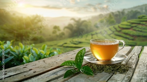 Tea cup with organic green tea leaf on the wooden table and the tea plantations background AI generated