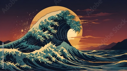 Japan great ocean wave and sunset vector illustration .Generative AI