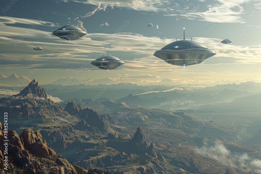 Several futuristic flying saucers hover over a rocky, mountainous terrain.