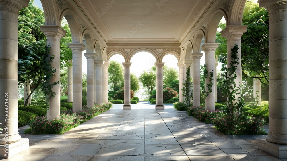 Loggia architectual, beautiful garden with columns and trees, arch summer green color built structure building exterior