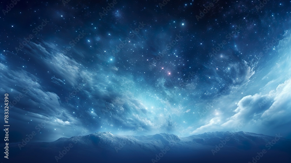 An awe-inspiring snowy mountain range under a star-filled sky with sweeping clouds, evoking wonder