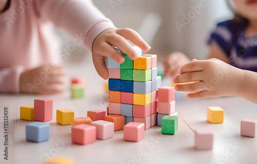 children's hands playing toy cubes on a white wooden table soft