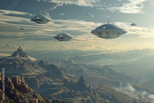 Several futuristic flying saucers hover over a rocky, mountainous terrain.