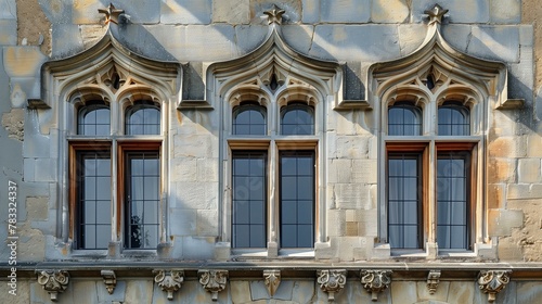 Oriel windows, windows of old hall, front view closed decoration glass old-fashioned photo