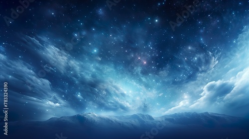 An awe-inspiring snowy mountain range under a star-filled sky with sweeping clouds, evoking wonder © Nicholas