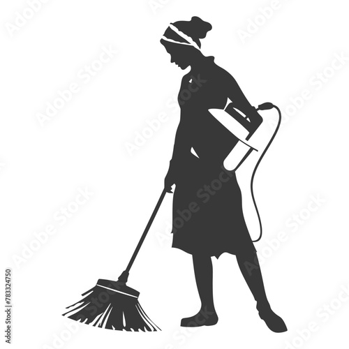 Silhouette housekeeper in action full body black color only