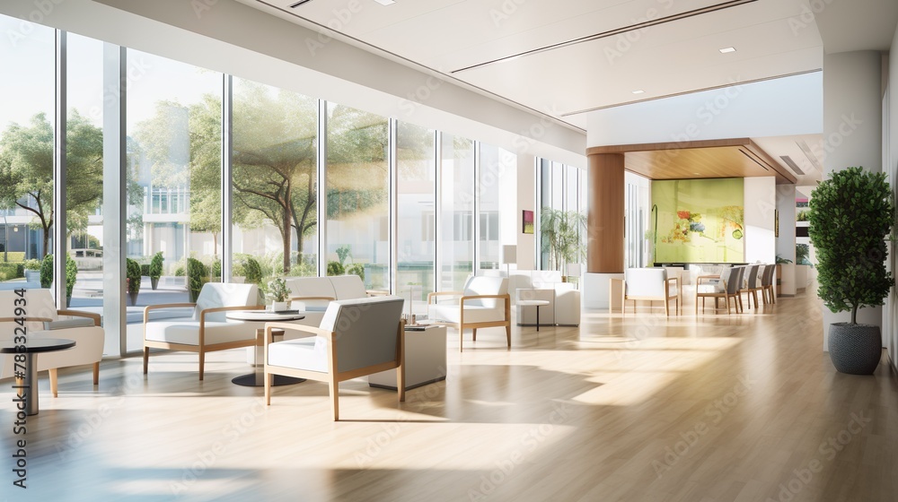 A spacious lobby area with comfortable seating and contemporary art, illuminated by natural light A spacious lobby area with comfortable seating and contemporary art, illuminated by natural light