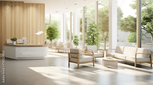 The lobby boasts a pristine reception area with sleek furnishings set against wooden accents