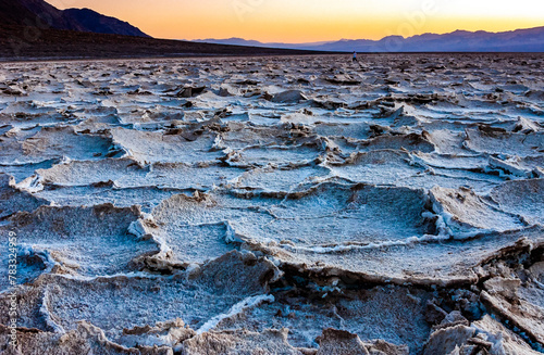 Salt plateau of self-sedimented salt cracked in the heat of the sun in the desert in Death Valley, Death Valley National Park, California