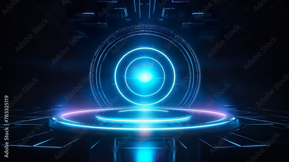 Fototapeta premium Dynamic energy emanates from a futuristic glowing circle in a sci-fi environment with purplish tones