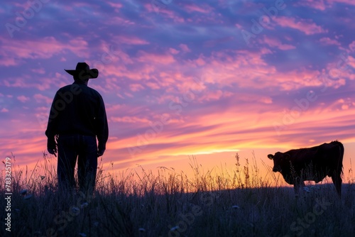 Silhouetted cowboy and cow against vibrant dawn sky in rural landscape