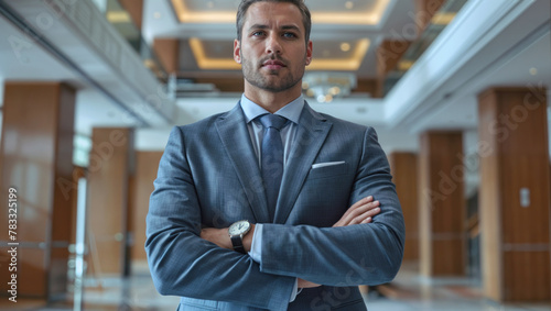 Professional in a tailored suit stands confidently in a modern corporate office environment, embodying the essence of business, leadership and success. photo