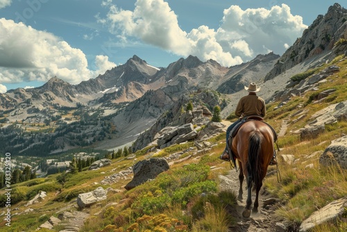 Lone cowboy riding horse on mountain trail beneath expansive sky © gankevstock