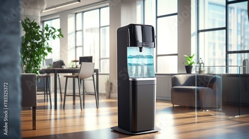 Modern water dispenser designed with clean lines stands prominent in an office environment, signifying progress and hydration