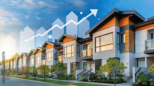 Modern new houses, with an illustration of an arrow going up overlaid on top. House price concept.