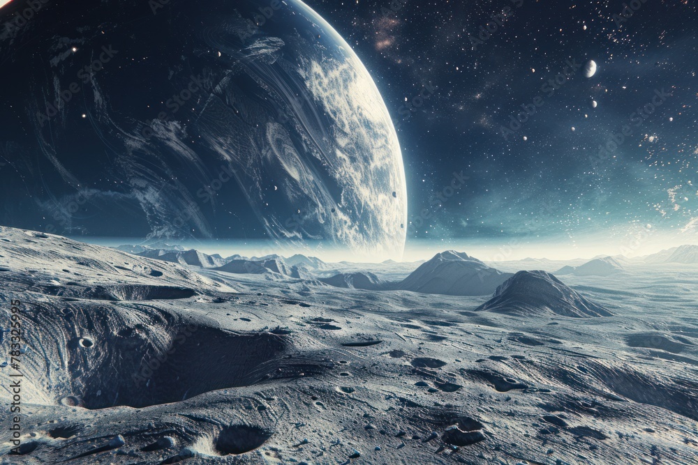 Eerie rocky planet with vast satellite in the heavens, a vision of sci-fi fantasy. Eerie rocky planet with vast satellite in the heavens, a vision of sci-fi fantasy.