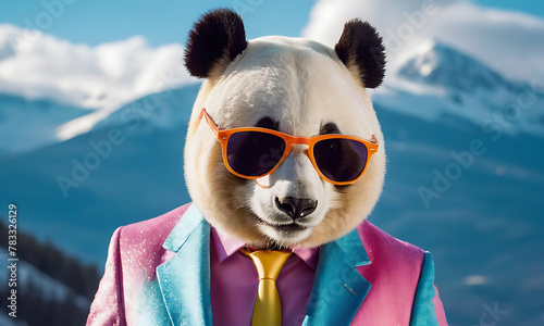 Panda wearing trendy colorful suit and sunglasses. Portrait medium shot. Natural blue sky scene © nocstic