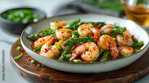 Delicious dish with shrimp cooked with vegetables, asparagus and spices. photo