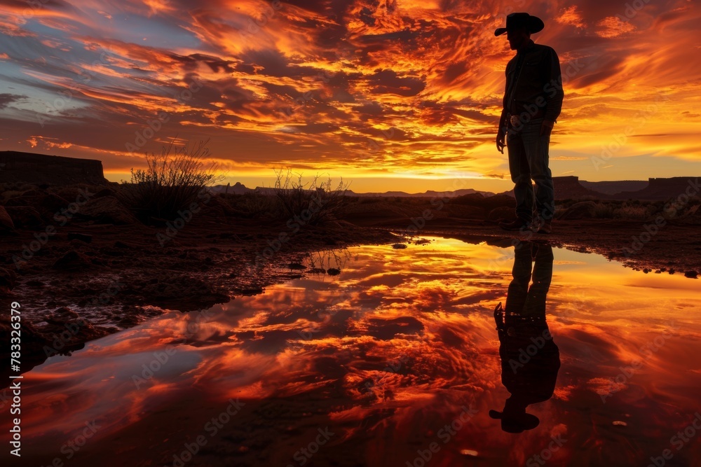 Silhouette of a lone cowboy under a dramatic sunset sky in a desert landscape