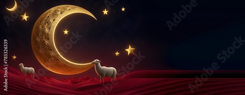 Eid Adha, muslims Eid Al Adha, Eid el adha, adha Mubarak, EID adha design, EID sheep gold and red and stars black background design and banner with copy space for text