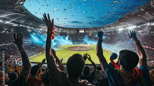 Seen from the stands of a large sports stadium, the public is celebrating the spectacle.
